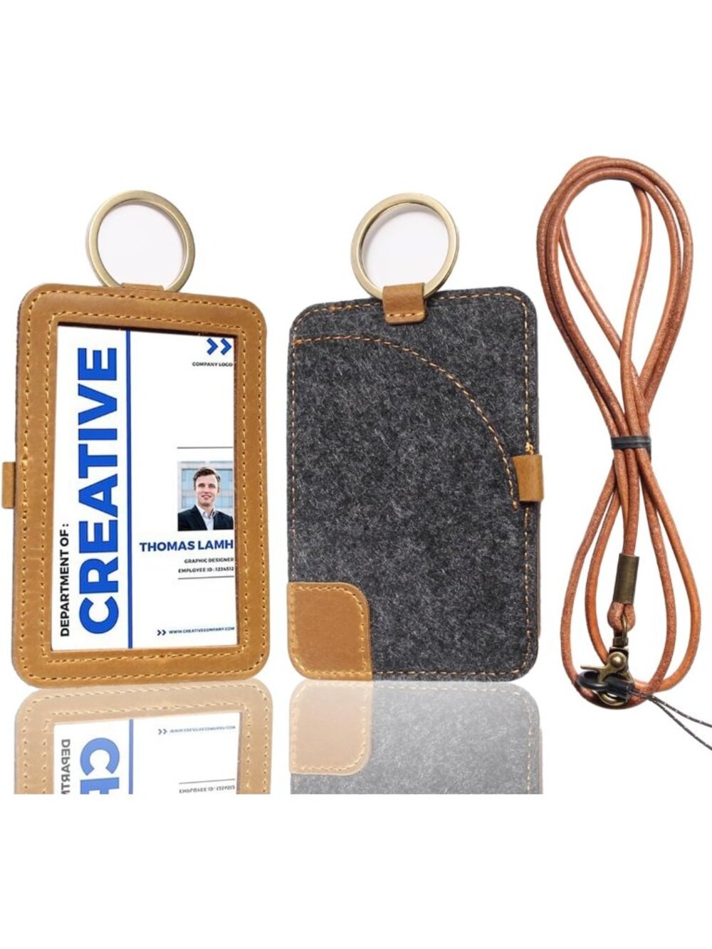 Stylish Leather ID Badge Holder with Detachable Clip, 2 Card Slots, Clear Window